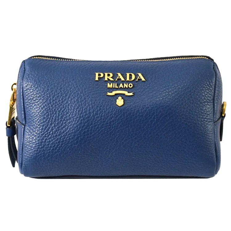 PRADA 1ND005 浮雕LOGO貝殼造型牛皮萬用包/化妝包.藍 歷史價格詳細信息