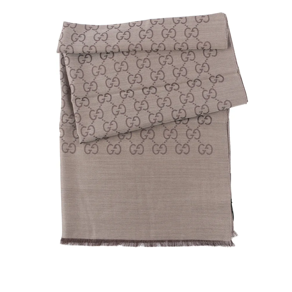 GUCCI GG Logo 羊毛混絲雙色披肩/圍巾(棕褐色/藍紫色) 281942 3G704 2869 歷史價格詳細信息