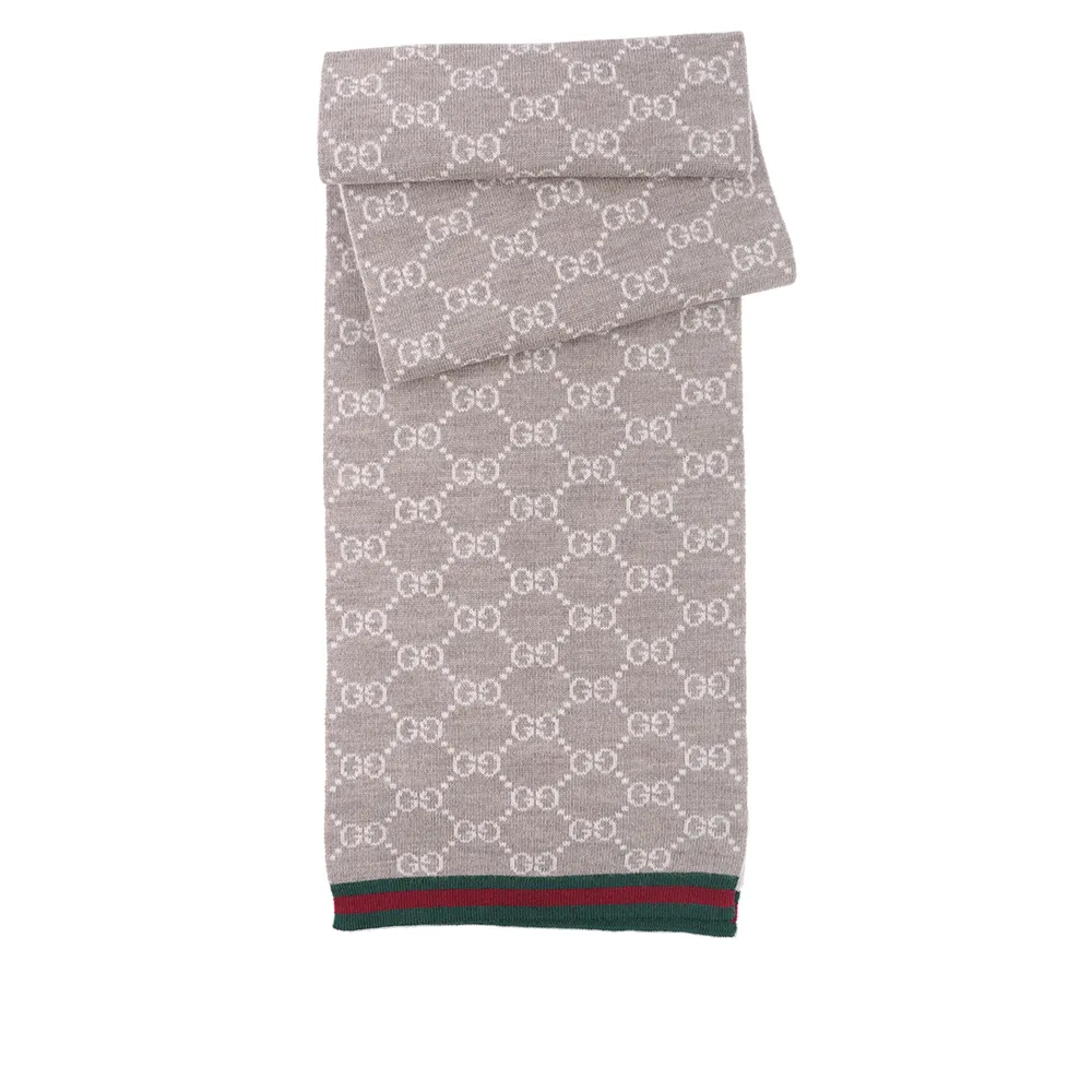 GUCCI GG Logo 綠紅飾邊雙色羊毛圍巾(黑色/灰色) 325806 3G206 1062 歷史價格詳細信息