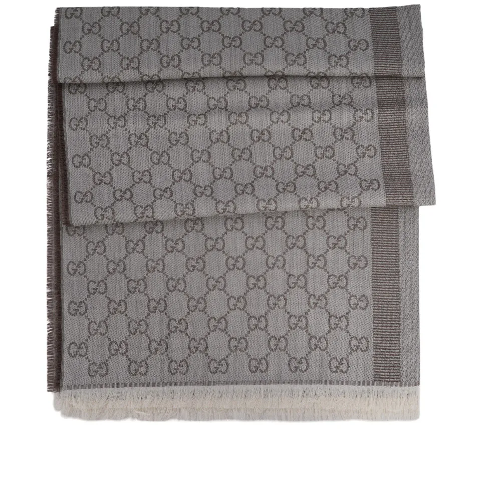 GUCCI GG Logo 羊毛混絲雙色披肩/圍巾(棕褐色/藍紫色) 281942 3G704 2869 歷史價格詳細信息