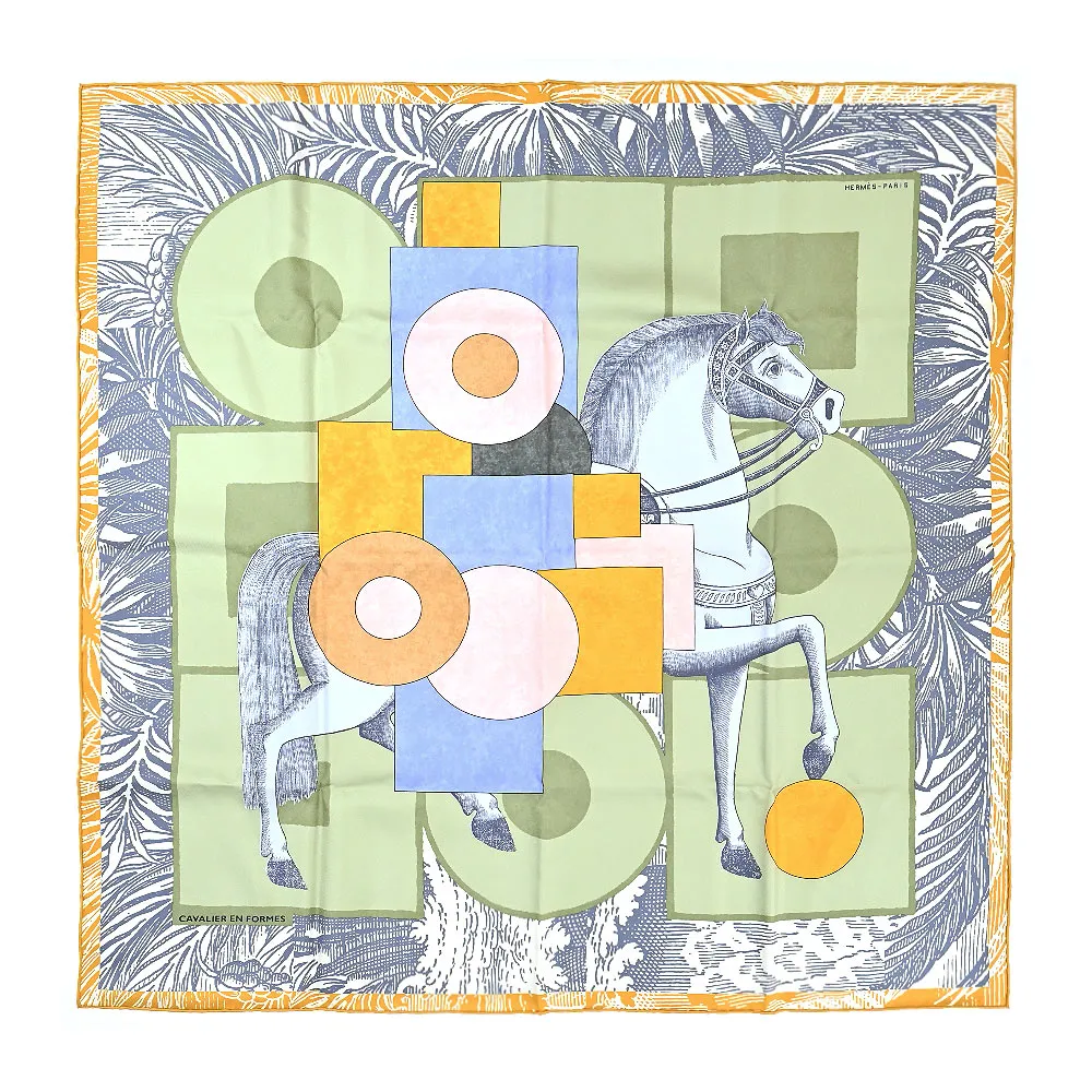 Hermes 愛馬仕 En Liberte ! 140 cm手工捲邊喀什米爾與真絲混紡方巾(白/羅登呢綠/蜂蜜) 歷史價格詳細信息
