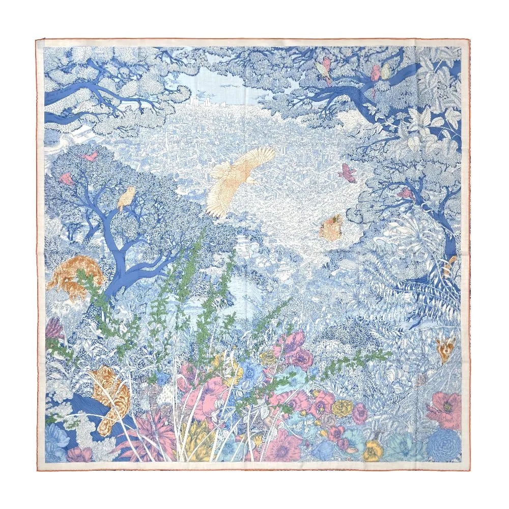 Hermes 愛馬仕 La Vallee de Cristal 90 cm手工捲邊斜紋真絲方巾(亮綠/粉紅/藍) 歷史價格詳細信息