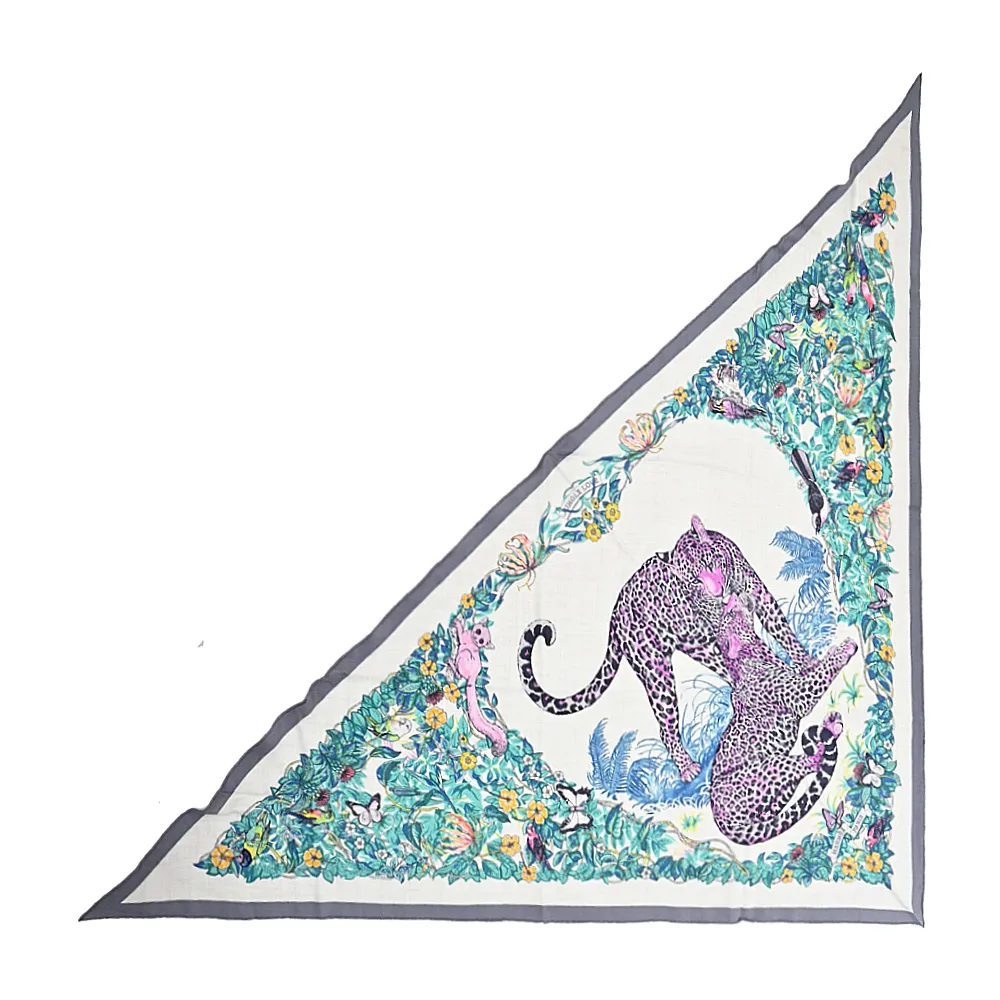 Hermes 愛馬仕 Jungle Love 手工捲邊喀什米爾與真絲混紡大型三角圍巾(橘/自然/綠) 歷史價格詳細信息