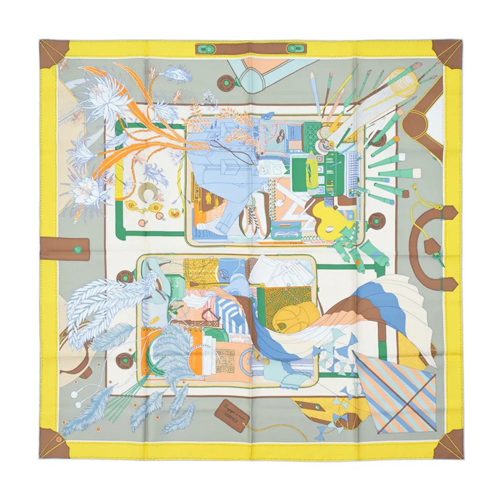 Hermes 愛馬仕 Bagage a Main 90 手工捲邊斜紋真絲方巾(海軍藍/皮革/香草) 歷史價格詳細信息