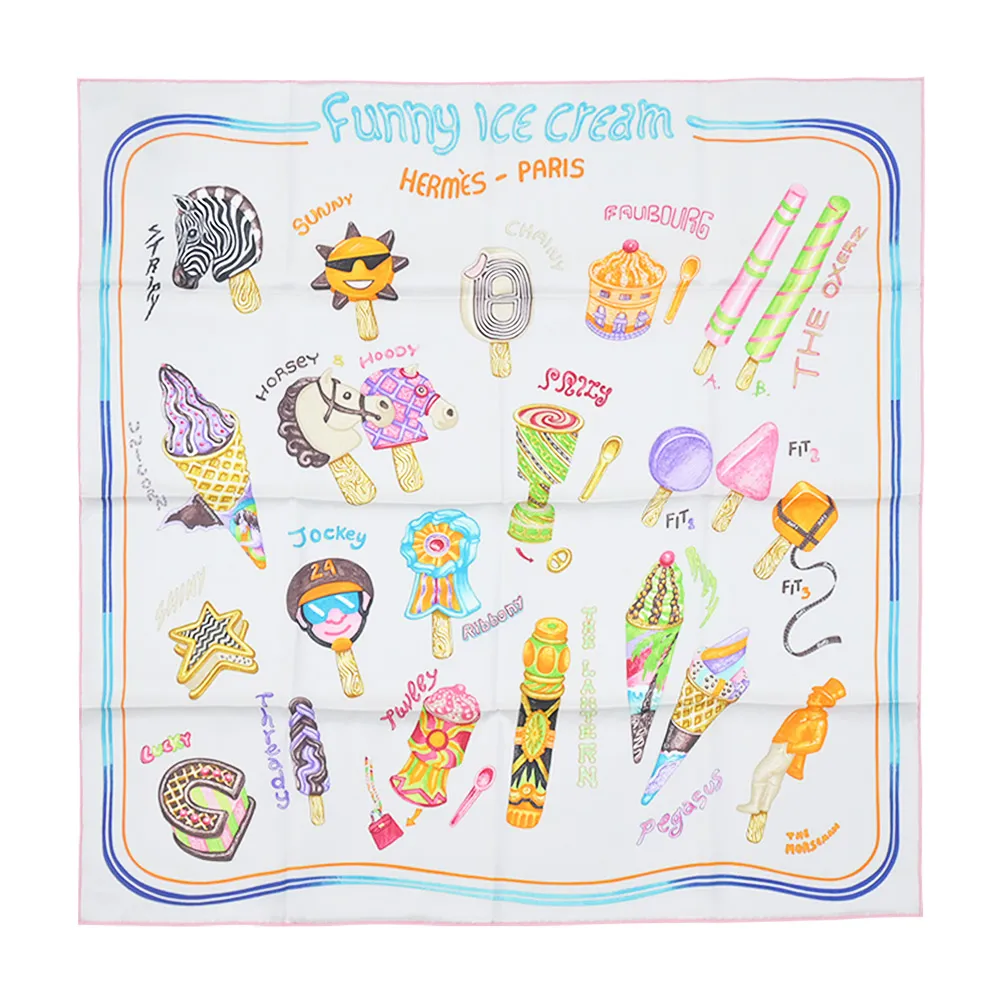 Hermes 愛馬仕 Funny Ice Cream 70 cm手工捲邊斜紋真絲方巾(珠貝粉/珊瑚紅/黃) 歷史價格詳細信息