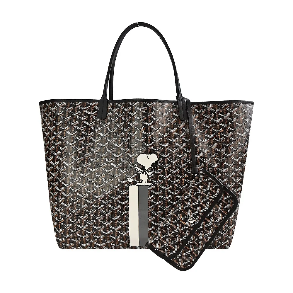 GOYARD SNOOPY 聯名款條紋塗料帆布LOGO子母購物包-小/黑棕/白黃 歷史價格詳細信息