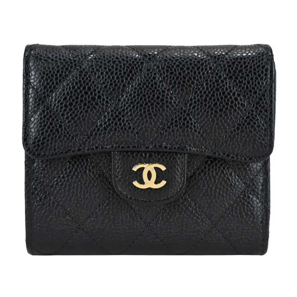 CHANEL經典金色雙C金屬菱紋小牛皮翻蓋三折短夾(芥末綠) 歷史價格詳細信息