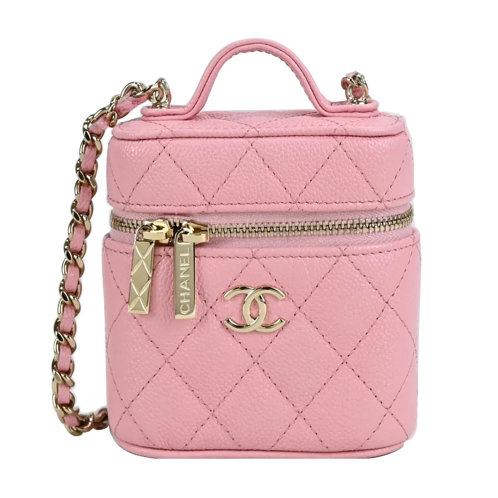 CHANEL 經典雙C LOGO菱格粒紋小羊皮金釦卡片夾(桃紅) 歷史價格詳細信息