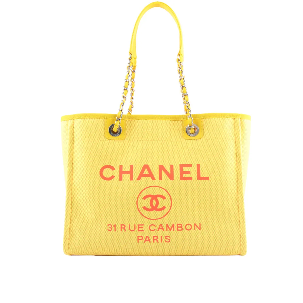 CHANEL Deauville  銀鍊拼色沙灘購物包(中款)(黃色/內螢光橘) CH11000507 歷史價格詳細信息