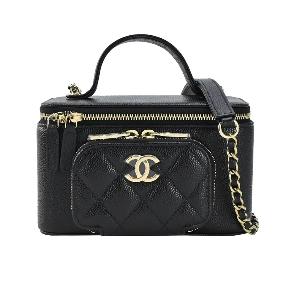 CHANEL經典雙C LOGO菱格紋小牛皮金釦兩用包(黑色) 歷史價格詳細信息