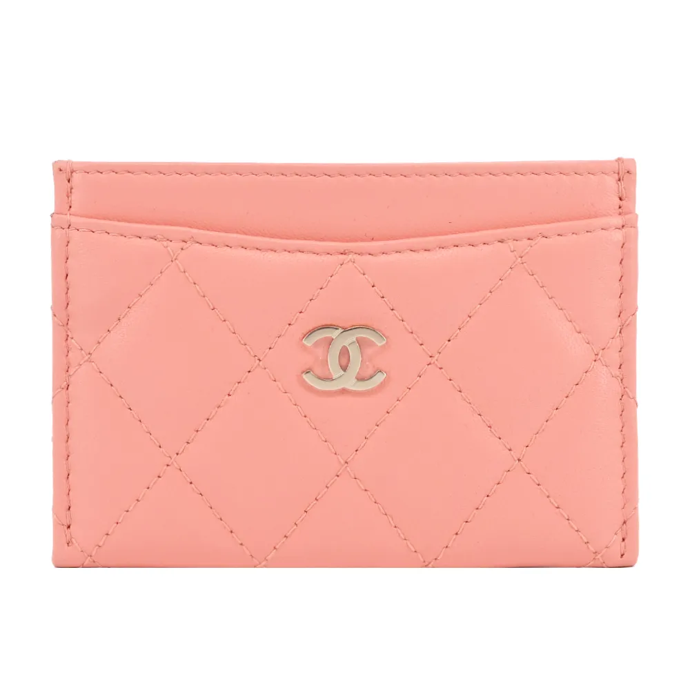 CHANEL 經典雙C LOGO菱格粒紋小羊皮金釦卡片夾(桃紅) 歷史價格詳細信息