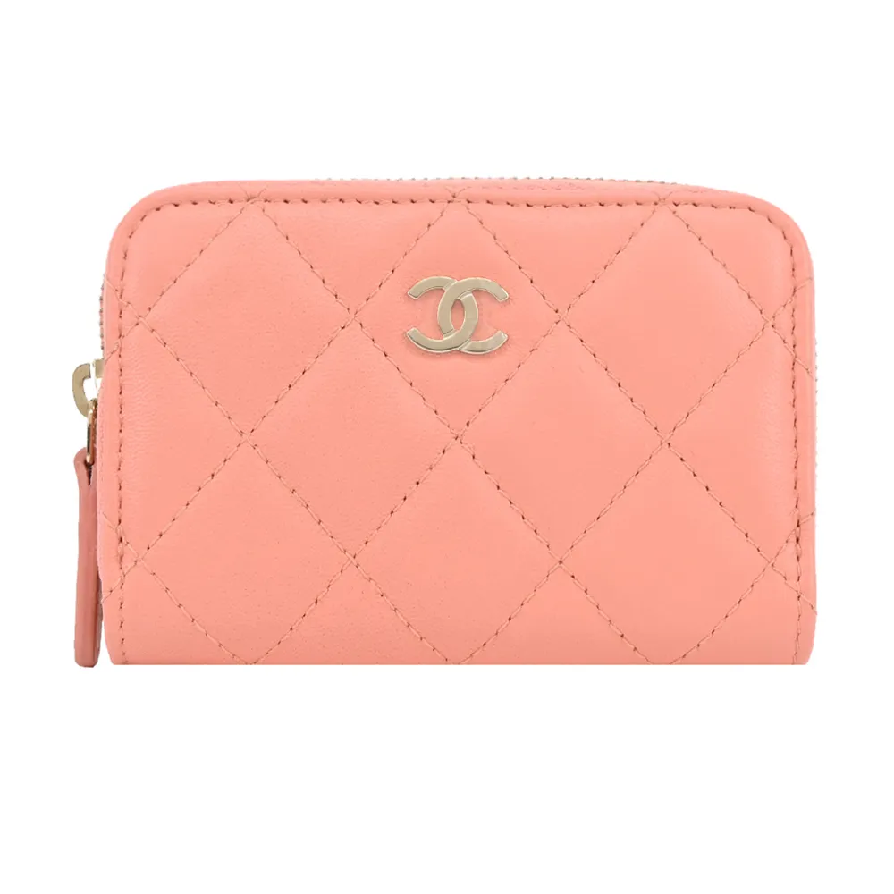 CHANEL 經典雙C LOGO菱格粒紋小羊皮金釦卡片夾(桃紅) 歷史價格詳細信息