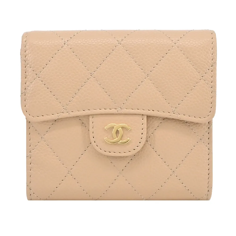 CHANEL經典金色雙C金屬菱紋小牛皮翻蓋三折短夾(芥末綠) 歷史價格詳細信息