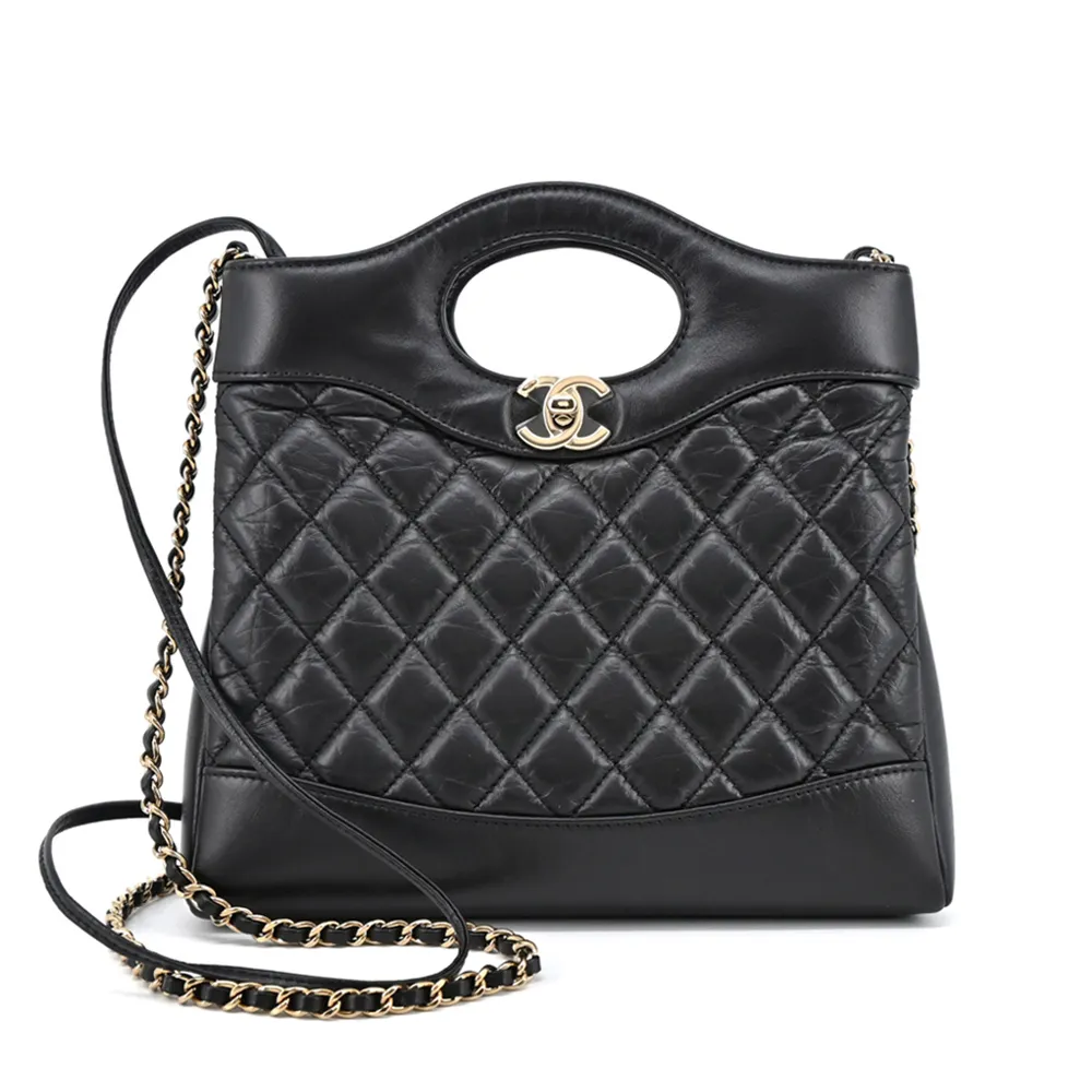 CHANEL經典雙C LOGO菱格紋小牛皮金釦兩用包(黑色) 歷史價格詳細信息
