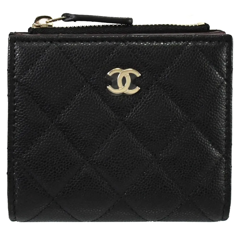 CHANEL AP3398 黑水鑽鑲嵌CC LOGO小牛皮釦式中夾.黑 歷史價格詳細信息