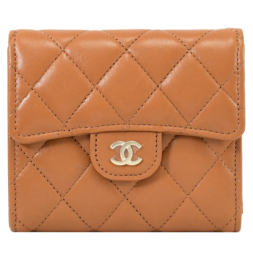 CHANEL AP0232 經典雙C菱格紋小牛皮釦式中夾.棕/淡金 歷史價格詳細信息