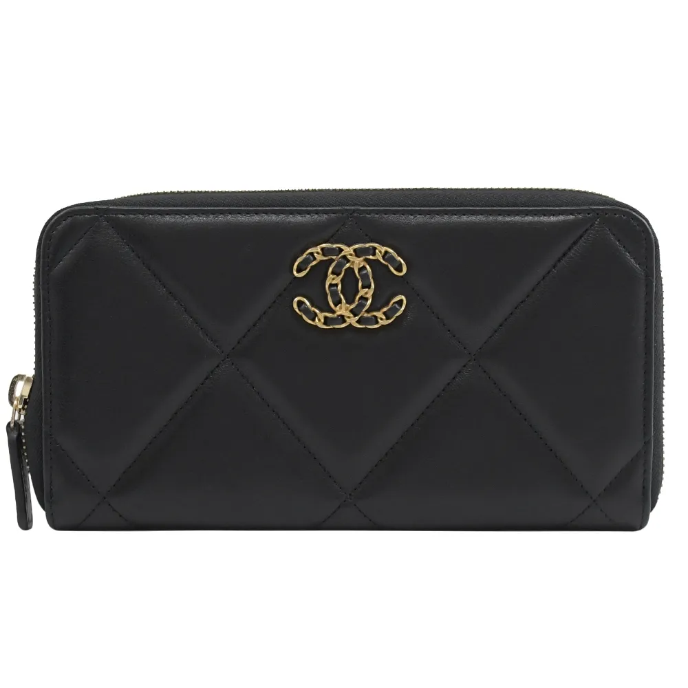 CHANEL 19系列經典金屬LOGO菱格紋小羊皮翻蓋三折短夾(黑色) 歷史價格詳細信息