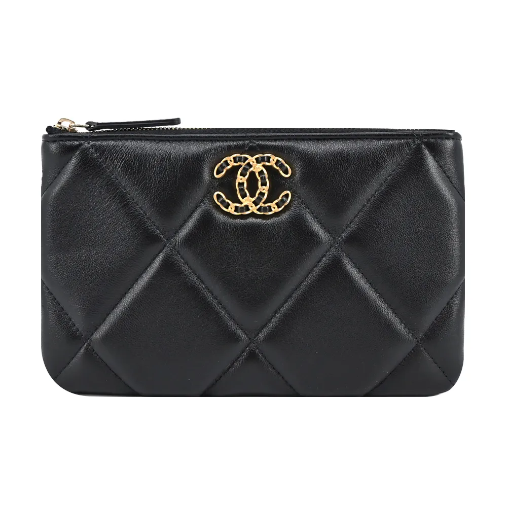 CHANEL 19系列經典金屬LOGO菱格紋小羊皮翻蓋三折短夾(黑色) 歷史價格詳細信息