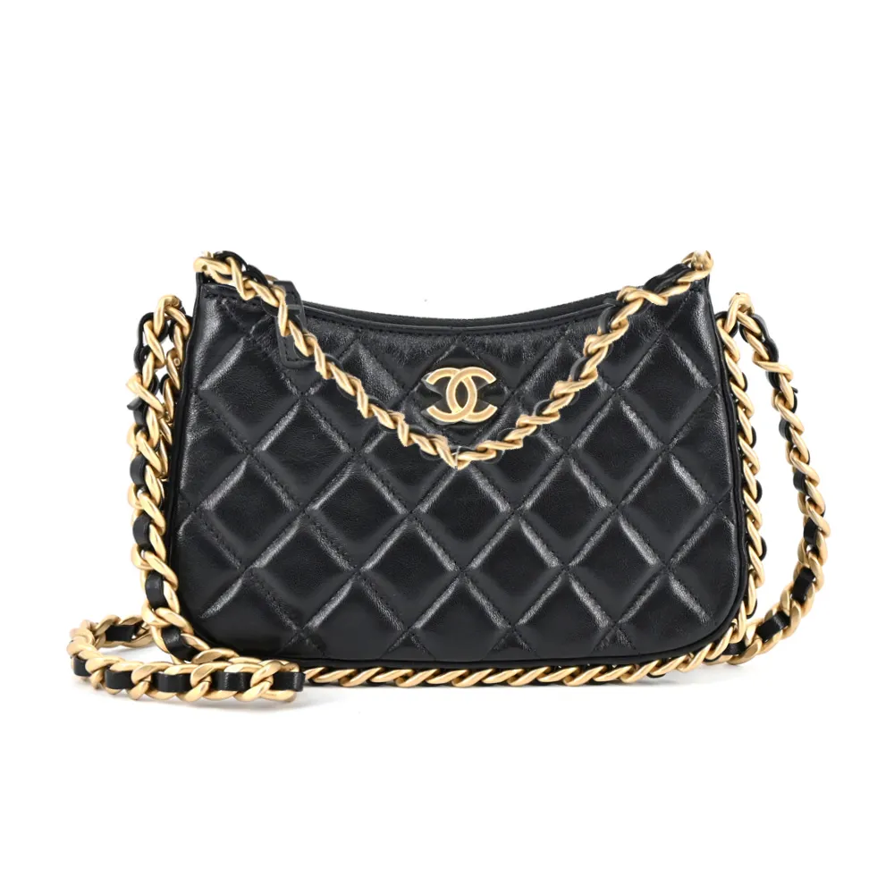 CHANEL 經典菱格紋小牛皮轉釦鏈帶雙口袋後背包(小號/黑色) 歷史價格詳細信息