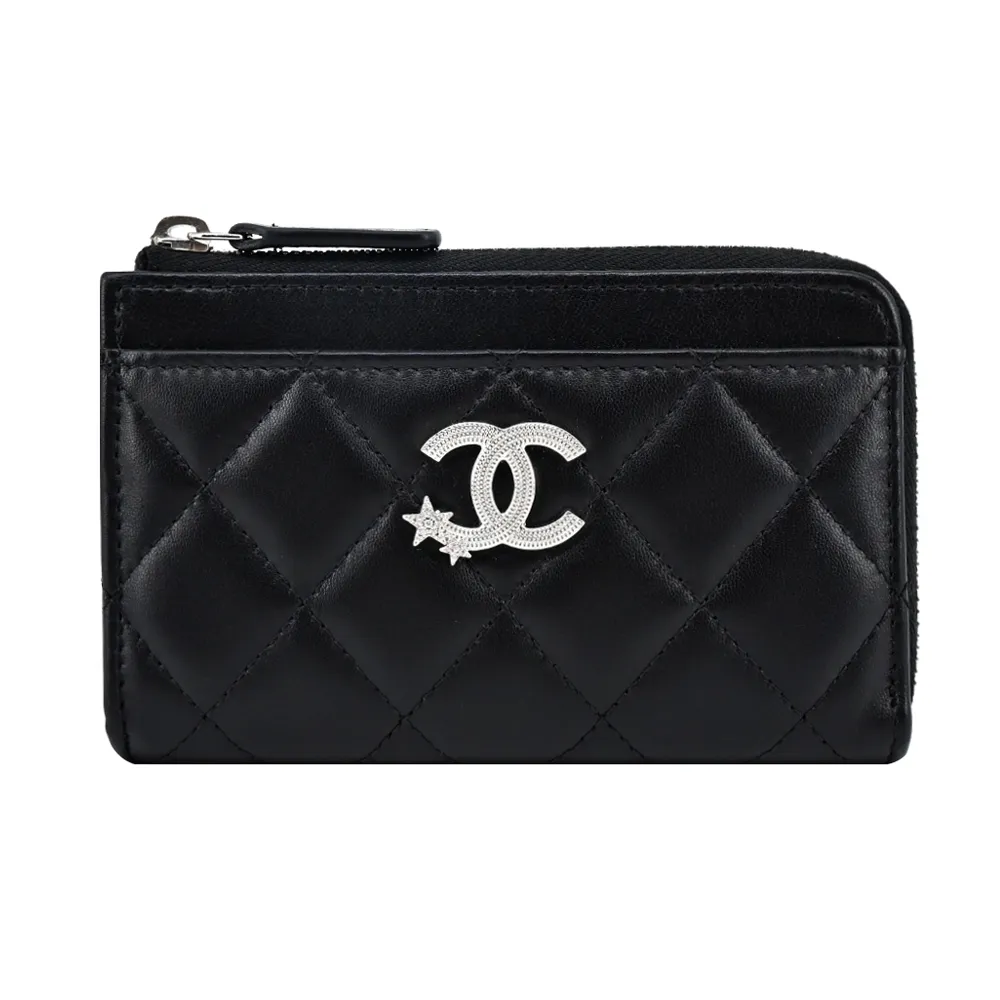 CHANEL 淡金Logo 菱格紋荔枝牛皮雙釦三折短夾(黑色) AP0230 B10583 C3906 歷史價格詳細信息