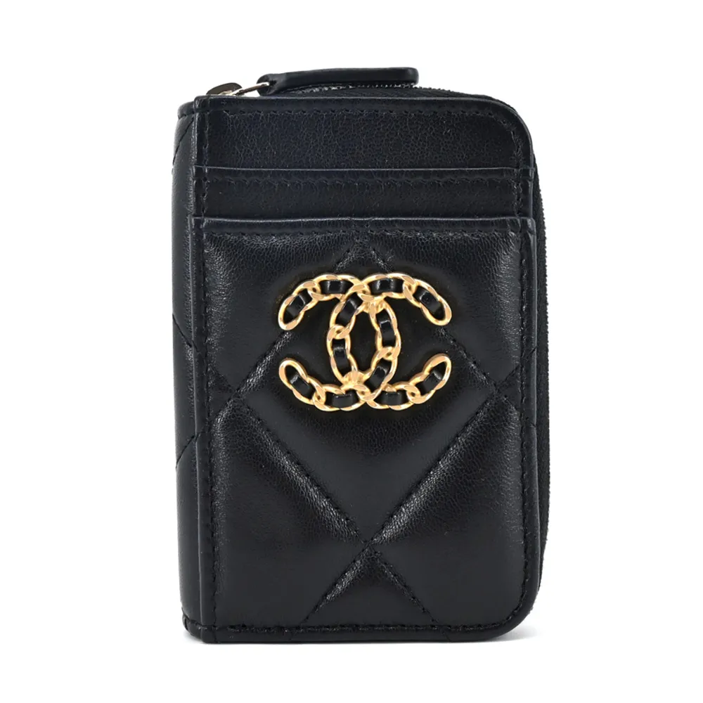 CHANEL 19系列經典金屬LOGO菱格紋小羊皮翻蓋三折短夾(黑色) 歷史價格詳細信息