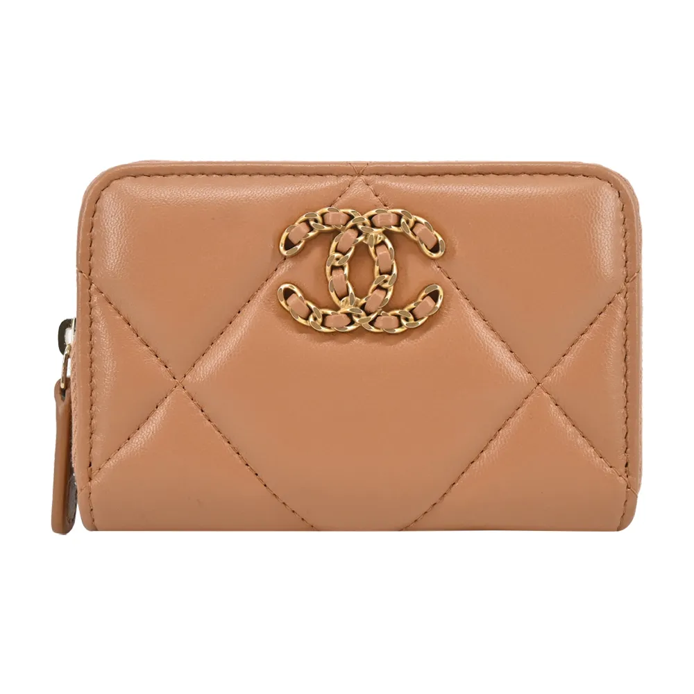 CHANEL 19系列經典金屬LOGO菱格紋小羊皮翻蓋三折短夾(黑色) 歷史價格詳細信息