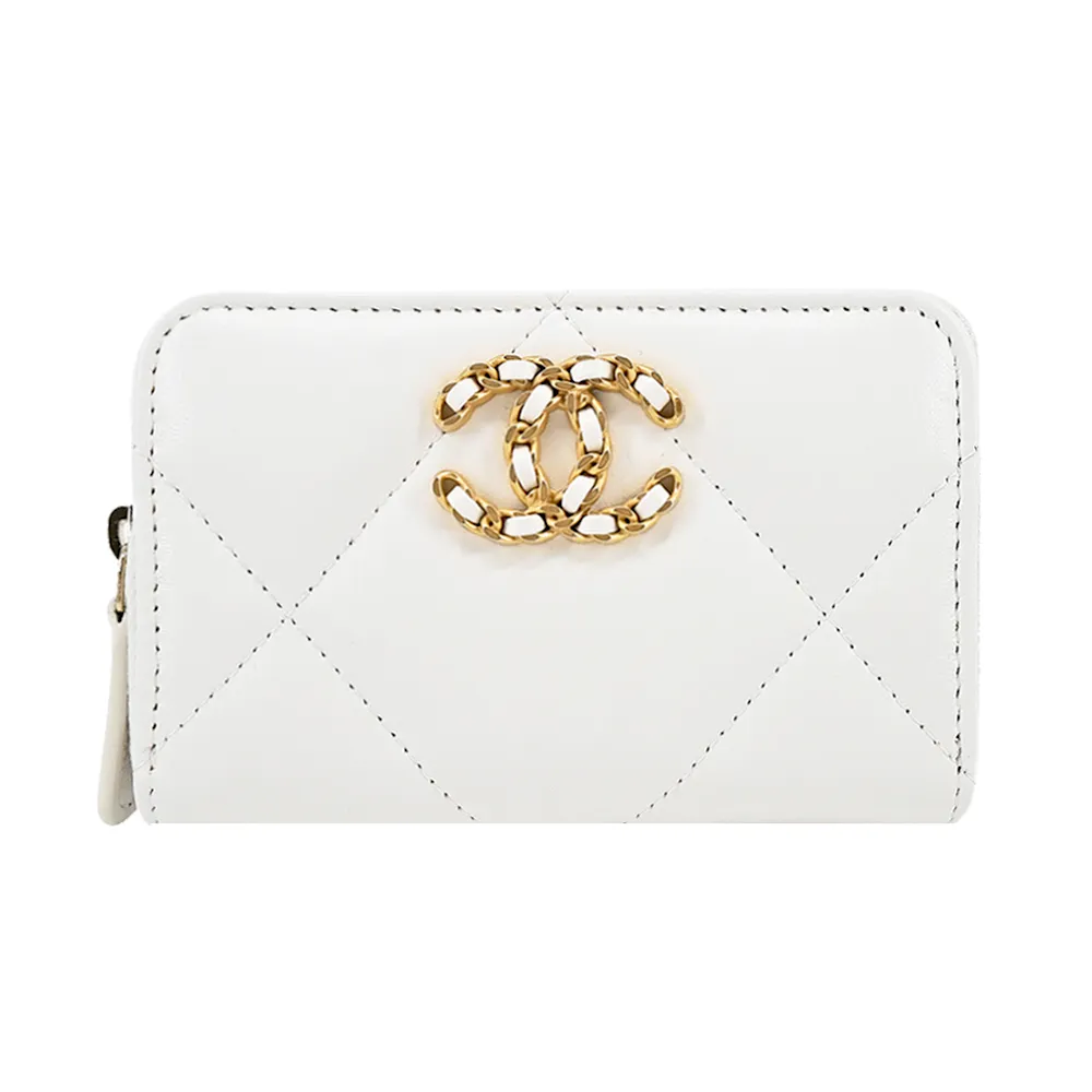 CHANEL 19系列經典金屬LOGO菱格紋小羊皮翻蓋三折短夾(黑色) 歷史價格詳細信息