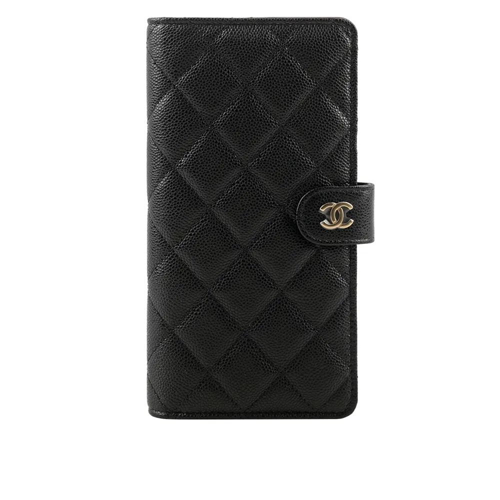 CHANEL 金色CC Logo荔枝皮二折壓釦長夾(黑色) AP0241 Y01864 C3906 歷史價格詳細信息