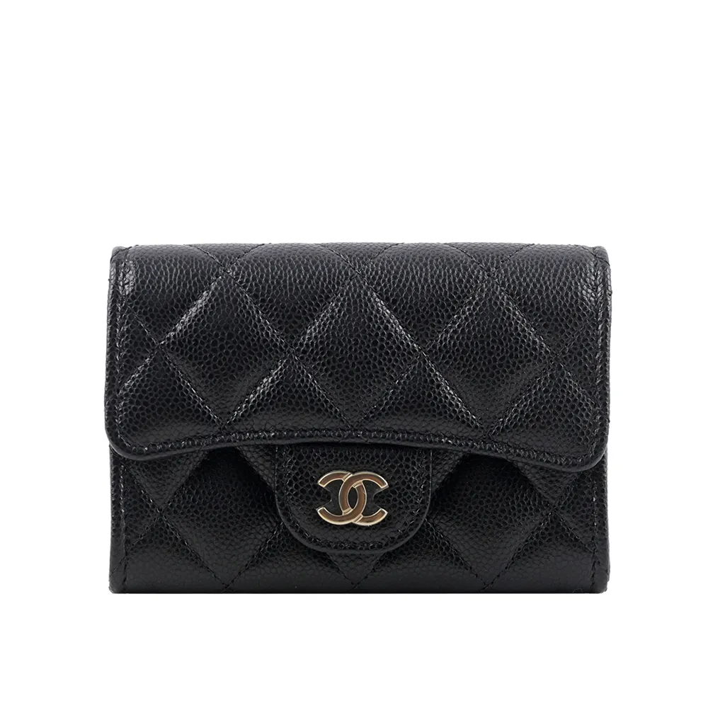 CHANEL 金色CC Logo荔枝皮二折壓釦長夾(黑色) AP0241 Y01864 C3906 歷史價格詳細信息