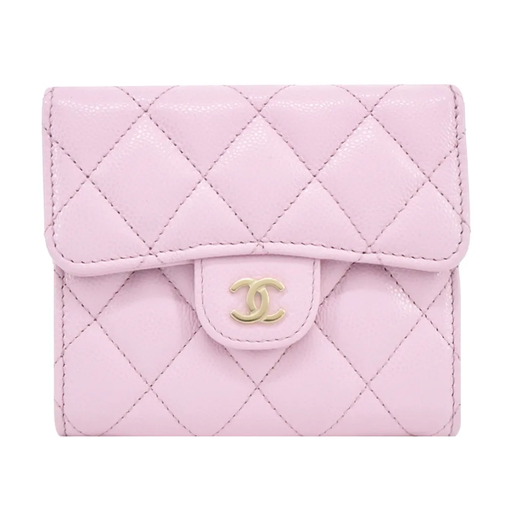 CHANEL經典金色雙C金屬菱紋小牛皮翻蓋三折短夾(芥末綠) 歷史價格詳細信息