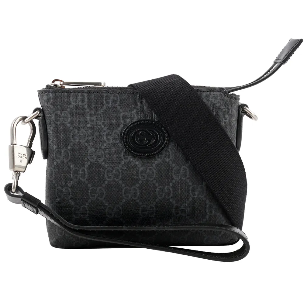 GUCCI Interlocking G Logo 塗層帆布及皮革單肩後背包/胸口包(米色/烏木色) 696016 92THG 8563 歷史價格詳細信息