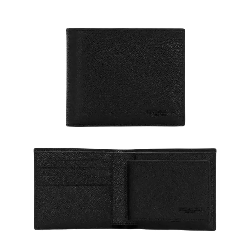 【COACH】壓印LOGO 防刮皮革1+1附活動卡夾 素面雙夾層男短夾-潮流黑 歷史價格詳細信息