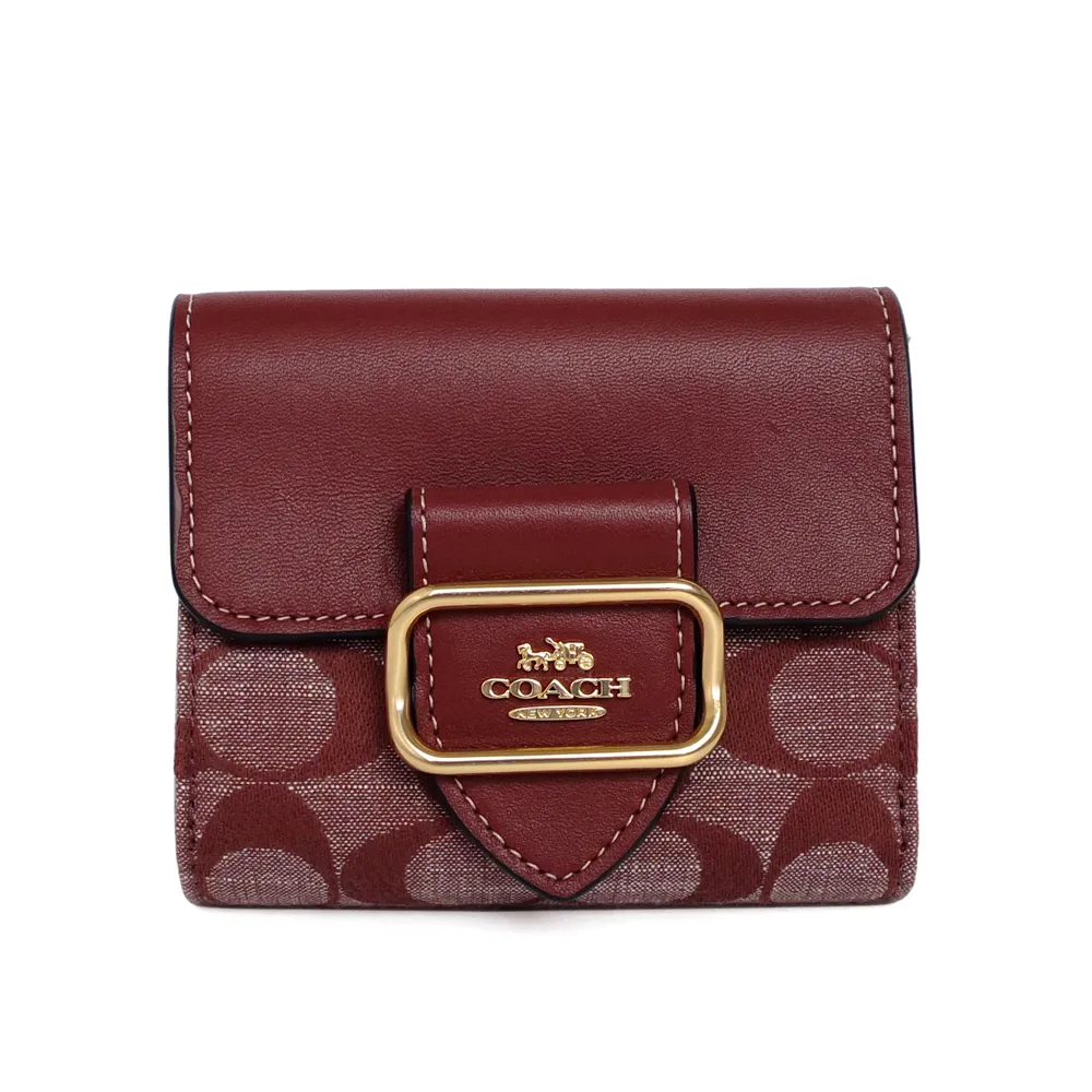 COACH酒紅C Logo平織布皮飾方框前釦袋雙摺短夾 歷史價格詳細信息