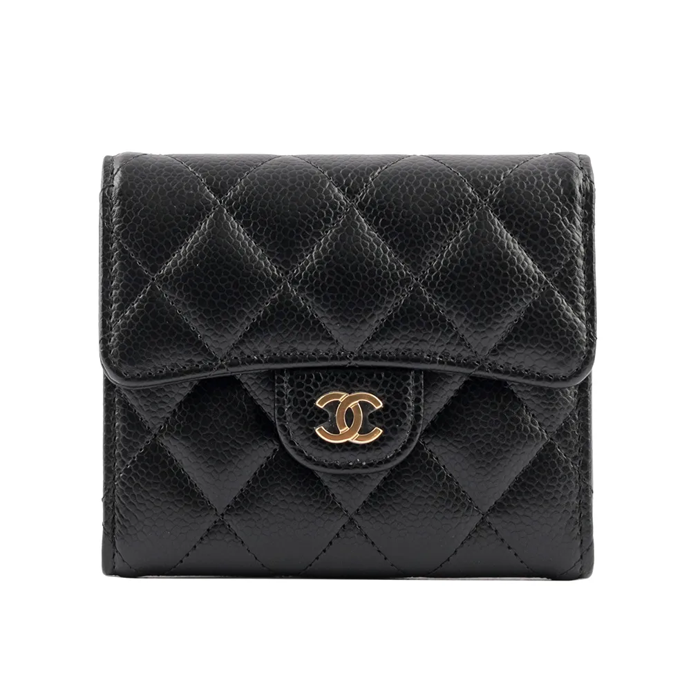 CHANEL 金色CC Logo荔枝皮二折壓釦長夾(黑色) AP0241 Y01864 C3906 歷史價格詳細信息