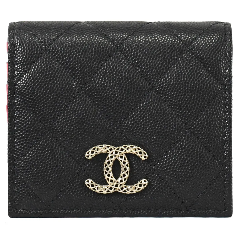 CHANEL AP3185 鏤空雙C LOGO菱格牛皮對開短夾.黑/桃 歷史價格詳細信息