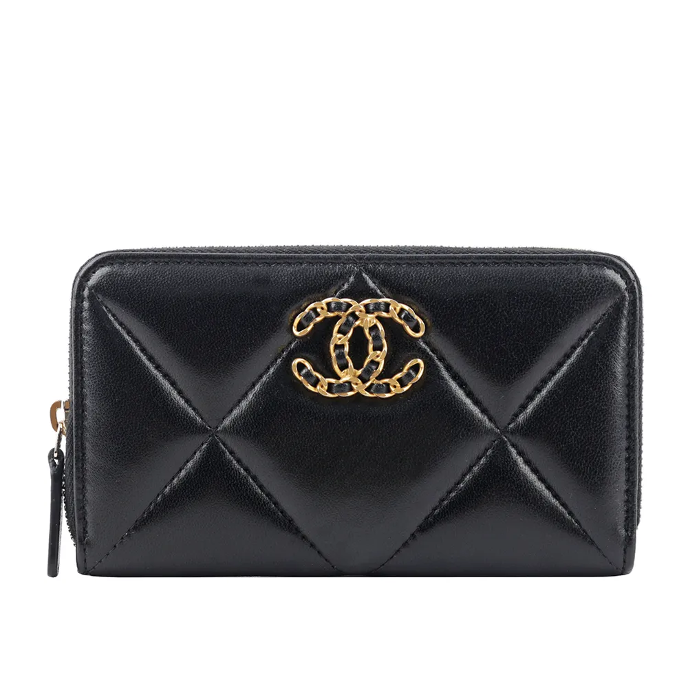 CHANEL 19系列經典金屬LOGO菱格紋小羊皮翻蓋三折短夾(黑色) 歷史價格詳細信息