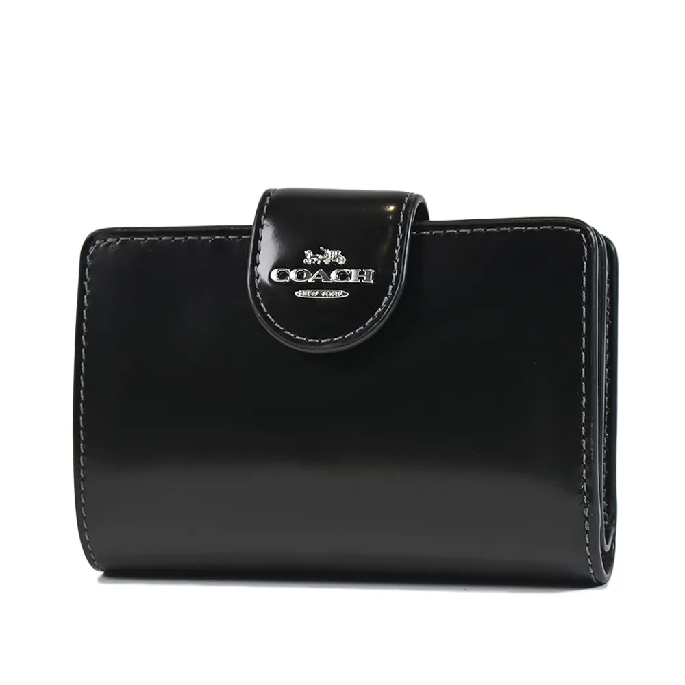 COACH 漆皮浮雕LOGO金屬釦飾零錢袋短夾-黑色 歷史價格詳細信息