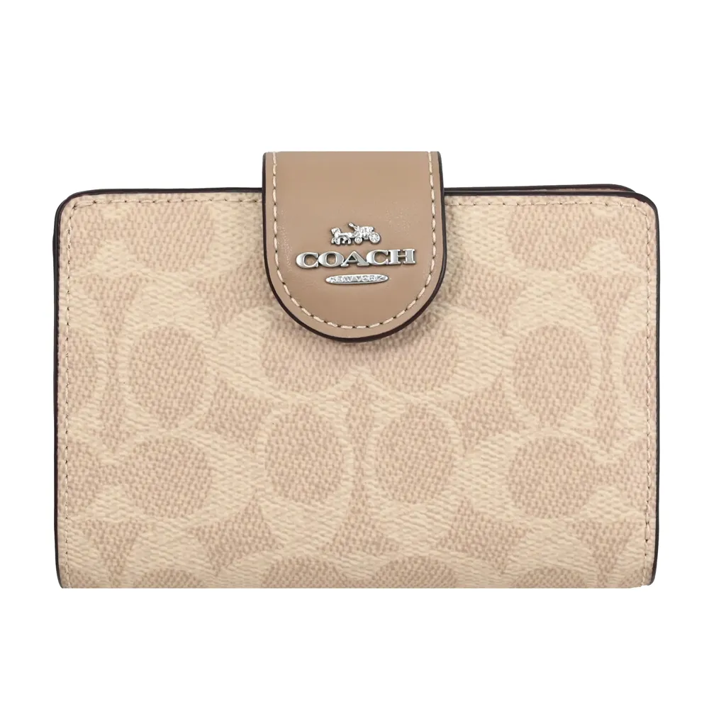 COACH CW786 馬車LOGO印花皮革扣式零錢中夾.駝/黑邊 歷史價格詳細信息