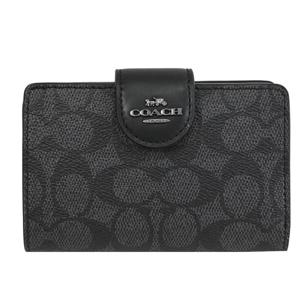 COACH CW786 馬車LOGO印花皮革扣式零錢中夾.駝/黑邊 歷史價格詳細信息