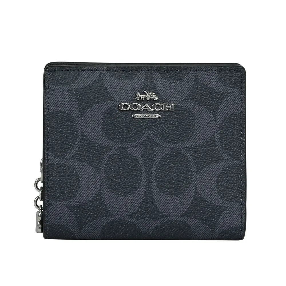 COACH C Logo拉鍊荔枝皮革暗扣二折短夾(銀字/牛仔藍) C2862 SVDE 歷史價格詳細信息