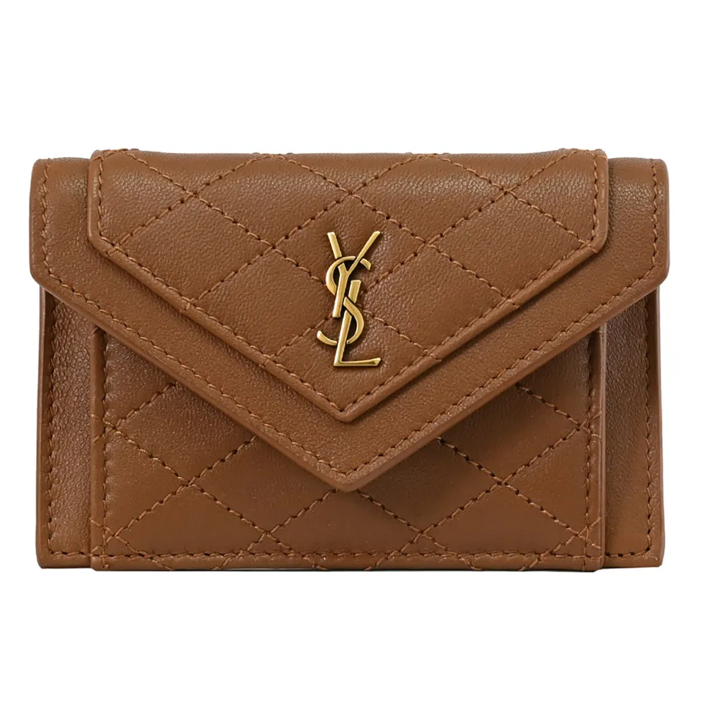 YSL 734912 經典LOGO菱格縫線羊皮扣式卡片零錢包.咖 歷史價格詳細信息