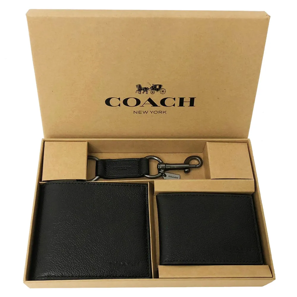 【COACH】COACH 男款8卡短夾附鑰匙圈活動證件夾提袋禮盒組 C LOGO-黑褐款.全黑款 送原廠紙袋 歷史價格詳細信息