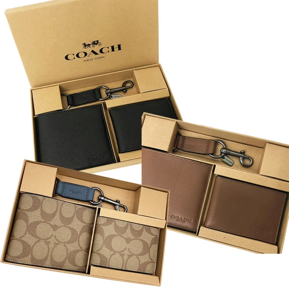 【COACH】COACH 男款8卡短夾附鑰匙圈活動證件夾提袋禮盒組 C LOGO-黑褐款.全黑款 送原廠紙袋 歷史價格詳細信息