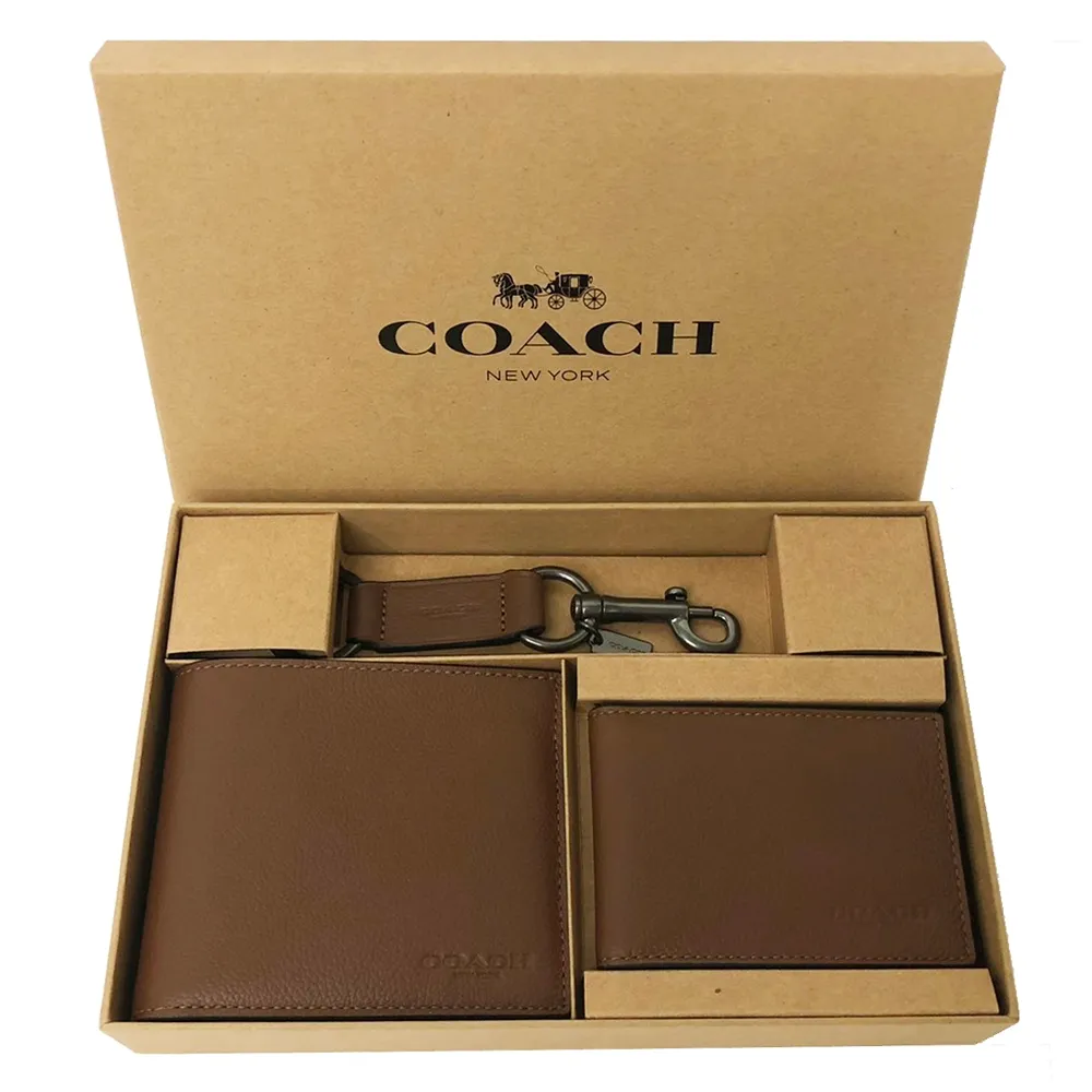 【COACH】COACH 男款8卡短夾附鑰匙圈活動證件夾提袋禮盒組 C LOGO-黑褐款.全黑款 送原廠紙袋 歷史價格詳細信息