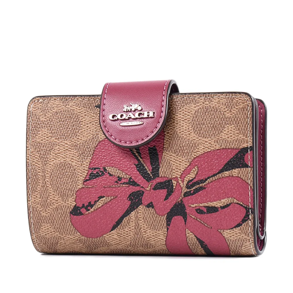 COACH 蝴蝶水鑽扣環撞色防刮皮革鏈帶斜背包(酒紅X桃粉) 歷史價格詳細信息