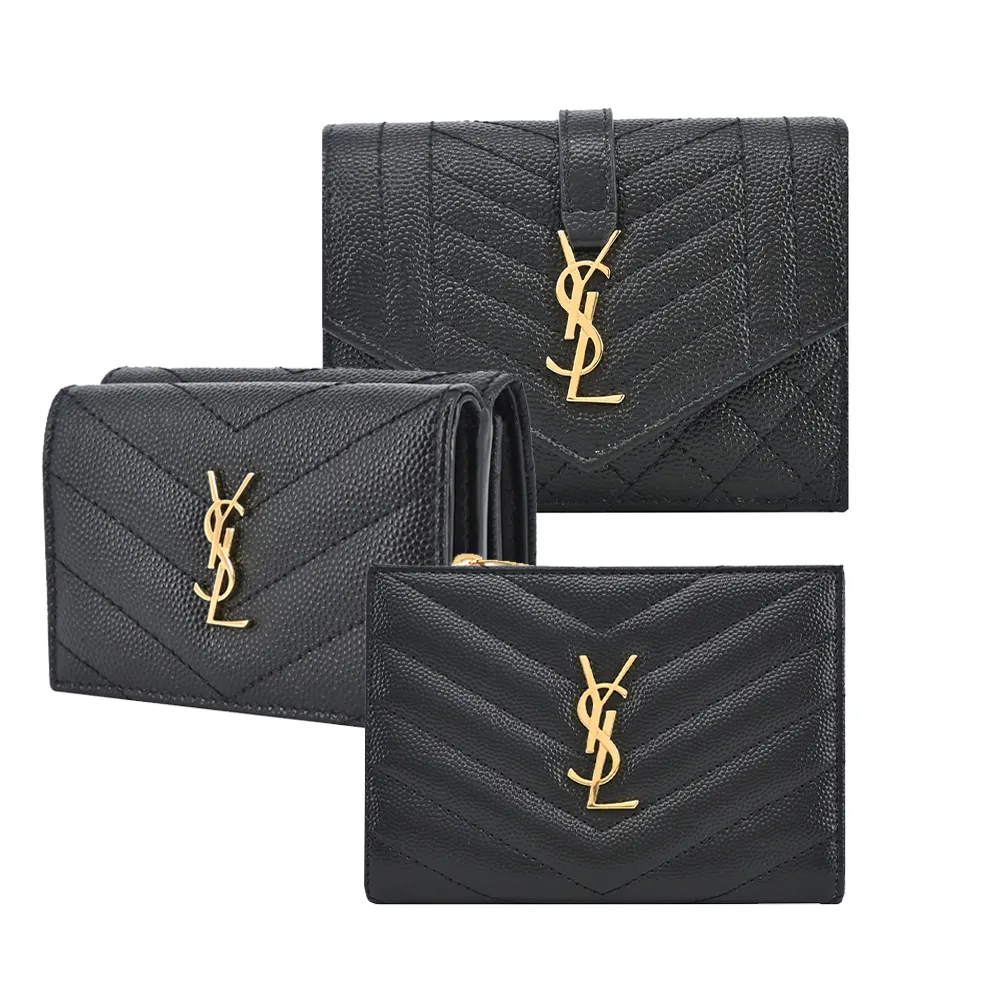 YSL MONOGRAM 金屬LOGO V字縫線牛皮三折短夾(黑/金) 歷史價格詳細信息