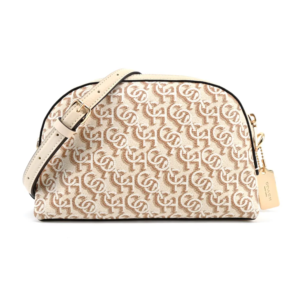 COACH米白帆布咖邊真皮方框翻蓋鍊帶橫式斜背隨身包 歷史價格詳細信息