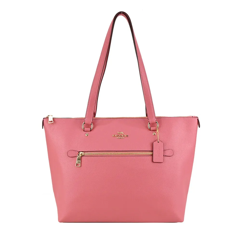 COACH 馬車LOGO前口袋拉鍊素面防刮皮革托特包(草莓粉) 歷史價格詳細信息