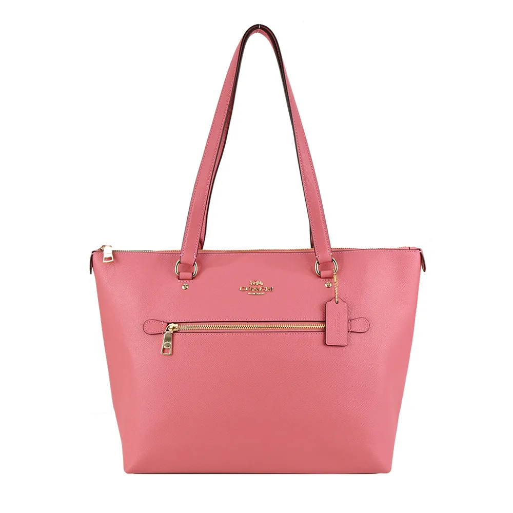 COACH 馬車LOGO前口袋拉鍊素面防刮皮革托特包(草莓粉) 歷史價格詳細信息