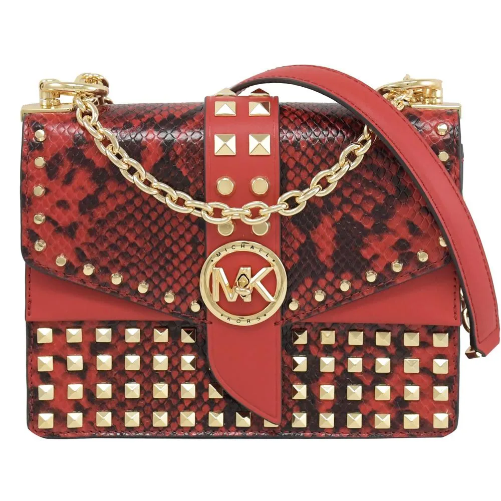 MICHAEL KORS Greenwich 蛇紋飾邊鉚釘造型鍊帶斜背包.紅 歷史價格詳細信息
